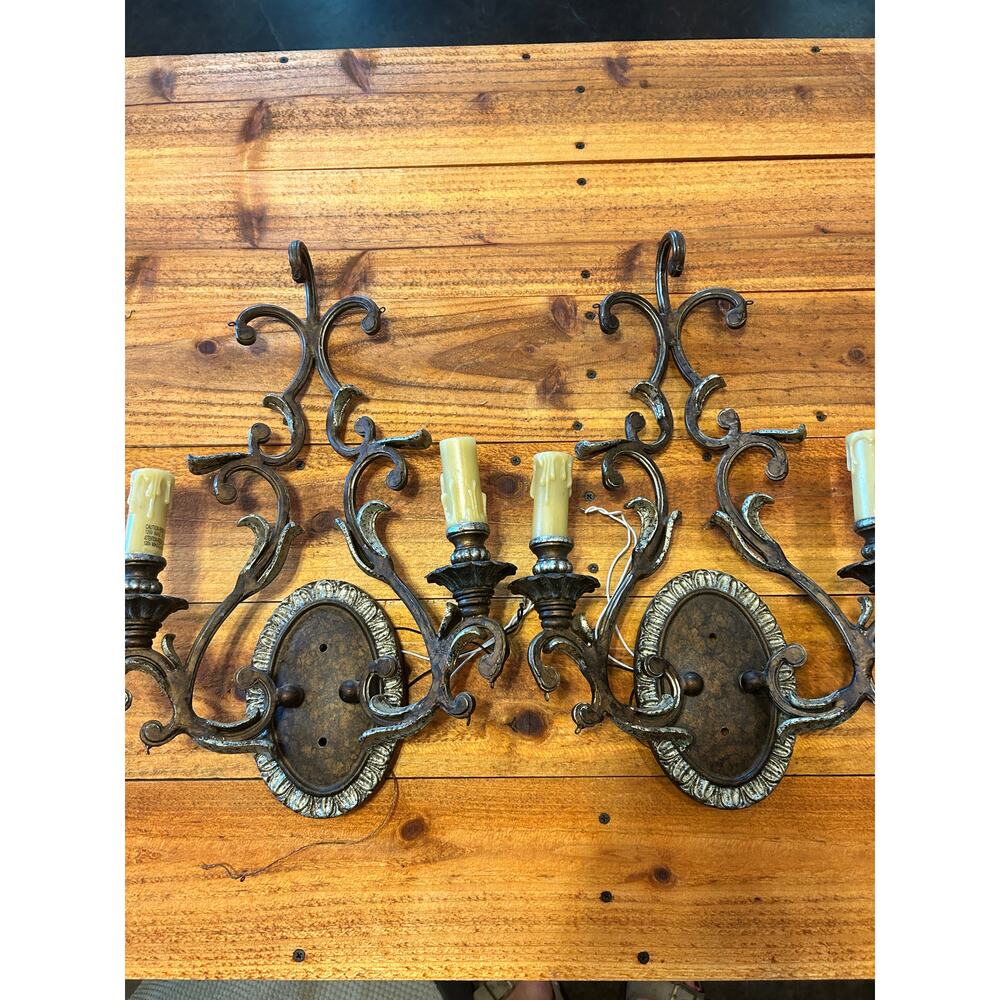 Pair Lg. 18" Tuscan Bronze Wall Sconces 2 Light Scrollwork Mediterranean Candles